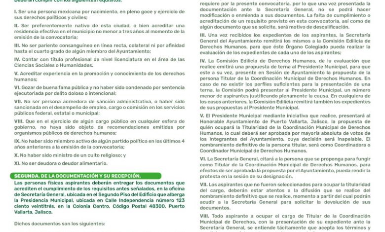 Convocatoria abierta para Coordinador de Derechos Humanos en Puerto Vallarta